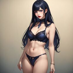  1girls ai_generated black_hair black_lingerie blue_eyes blue_hair blue_lingerie blush blushing_at_viewer candle candles collar final_fantasy final_fantasy_xiv gaia_(ffxiv) lingerie lipstick pale-skinned_female pale_skin ponzuaji square_enix thick_thighs 