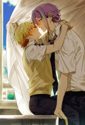  2boys arms_around_neck black_pants blonde_hair blush brown_sweater_vest collared_shirt curtains desk gradient_hair highres imminent_kiss kamishiro_rui looking_at_another male_focus minn_0618 multicolored_hair multiple_boys necktie on_desk open_mouth orange_eyes orange_hair pants project_sekai purple_hair school_desk shirt short_hair short_sleeves sitting sky streaked_hair striped_necktie sweat sweatdrop sweater_vest tenma_tsukasa vest white_shirt window yaoi yellow_eyes 