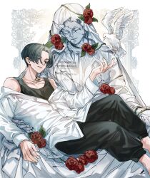  1boy absurdres bird black_eyes black_hair black_pants black_undershirt blank_eyes bo_1125359 dragon_tattoo empty_eyes flower highres long_sleeves male_focus neck_tattoo pants red_flower red_rose rose sano_manjirou shirt short_hair statue tattoo tokyo_revengers white_bird white_shirt 