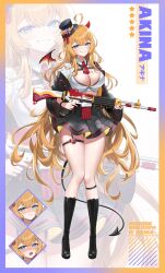  absurdres ahoge assault_rifle black_boots black_jacket black_skirt blonde_hair blue_eyes blush boots breasts cleavage collared_shirt commentary crop_top daewoo_k2 demon_horns demon_tail detached_wings female full_body grin gun hat hibiwa highres holding holding_gun holding_weapon horns jacket knee_boots lace-up_boots lace_trim large_breasts long_hair long_sleeves looking_at_viewer midriff mini_wings miniskirt multiple_expressions necktie nose_blush off_shoulder open_clothes open_jacket original pleated_skirt red_necktie rifle shirt short_necktie single_wing skindentation skirt smile solo standing tail thigh_strap thighs top_hat very_long_hair weapon white_shirt wings zoom_layer 