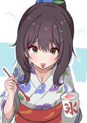  absurdres alternate_hairstyle black_hair blush brain_freeze breasts brown_eyes cleavage colored_tongue commentary_request female floral_print floral_print_kimono food harumiya_(meron89893) hibi_wa_sugiredo_meshi_umashi highres holding holding_spoon japanese_clothes kawai_mako kimono large_breasts ponytail print_kimono shaved_ice solo spoon tongue tongue_out yukata 