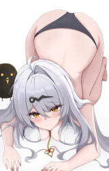  absurdres ahoge bare_arms bare_shoulders barefoot bird black_bird black_panties blush breast_press breasts cleavage closed_mouth commentary_request female furrowed_brow hair_between_eyes hair_intakes hair_ornament highres izumiillus large_breasts long_hair looking_at_viewer no_pants on_ground panties simple_background solo thighs top-down_bottom-up underwear very_long_hair white_background white_hair yellow_eyes yixuan_(zenless_zone_zero) zenless_zone_zero 
