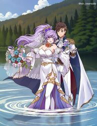  1boy absurdres bouquet breasts brown_eyes brown_hair cleavage commission detached_sleeves dress female fire_emblem fire_emblem:_genealogy_of_the_holy_war fire_emblem_heroes flower hair_flower hair_ornament highres holding holding_bouquet ishtar_(bride)_(fire_emblem) ishtar_(fire_emblem) kiran_(fire_emblem) large_breasts long_hair male_kiran_(fire_emblem) official_alternate_costume open_mouth ponytail purple_eyes purple_hair rein_creamsoda smile thighhighs very_long_hair wedding_dress 