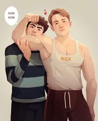  2boys biceps big_arms biting black_hair blushing boyfriends charlie_spring couple gay hearts heartstopper joe_locke kit_connor male male_only muscles muscular muscular_male nerdyart nick_nelson no_visible_genitalia red_ears red_hair size_difference sweatpants undershirt white_body yaoi 