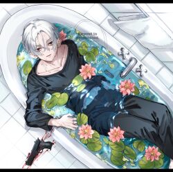  1boy bathtub black_eyes black_pants blank_eyes blood blood_on_weapon bo_1125359 commentary empty_eyes flower gun highres long_sleeves looking_at_viewer lotus lotus_leaf male_focus pants pink_flower sano_manjirou short_hair symbol-only_commentary tile_floor tiles tokyo_revengers weapon white_hair 