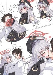  ... 1boy absurdres after_kiss ahoge black_coat black_hair black_hat blue_archive blush cheek_poking chilong_(heronas) closed_eyes coat commentary_request demon_wings disembodied_hand doodle_sensei_(blue_archive) facing_another female flying_sweatdrops grey_hair halo haruna_(blue_archive) hat heart highres hug kissing korean_commentary multiple_views paper_on_head peaked_cap poking saliva saliva_trail sensei_(blue_archive) shirt simple_background single_wing smile spoken_ellipsis spoken_heart spoken_sweatdrop straight sweatdrop tongue tongue_out white_background white_shirt wings 