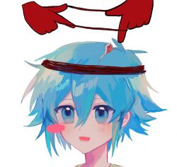  2boys :d androgynous antenna_hair basil_(headspace)_(omori) basil_(omori) blue_eyes blue_hair blush_stickers chinese_commentary close-up commentary_request double-parted_bangs flipped_hair food fruit hair_between_eyes highres looking_ahead lower_teeth_only male_focus multiple_boys omori omori_(omori) omosun666 open_mouth portrait rubber_band short_hair simple_background single_blush_sticker smile solo_focus spoilers teeth watermelon white_background 
