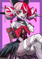  ahoge bow chair colored_skin colored_tongue double_bun dress female grey_hair grey_skin hair_bun hairbow heterochromia highres hololive hololive_indonesia huge_bow kureiji_ollie kureiji_ollie_(1st_costume) long_hair looking_at_viewer multicolored_hair multicolored_skin object_through_head on_chair open_mouth patchwork_skin pink_hair pop_tab purple_tongue red_eyes red_hair sitting smile solo stitched_arm stitched_face stitched_leg stitched_torso stitches sword_in_head symbol-shaped_pupils torn_clothes torn_dress two-tone_skin virtual_youtuber x-shaped_pupils yellow_eyes zenox5300 zombie 