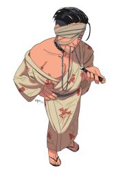  1boy armpit_hair artist_name bandage_on_face bandages black_hair chain_leash chains collar collarbone facial_hair full_body golden_kamuy h4tter hair_slicked_back highres holding_own_leash japanese_clothes kimono leash leash_in_mouth looking_at_viewer loose_bandages nipples ogata_hyakunosuke one-eyed pectorals print_kimono sandals scar scar_on_cheek scar_on_face seductive_smile short_hair signature simple_background single_off_shoulder smile spiked_collar spikes standing undercut very_short_hair white_background yukata 