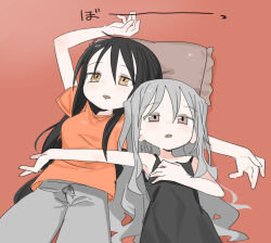  2girls agoshi_sakina arm_around_shoulder black_dress black_hair breasts brown_eyes cowboy_shot dress drooling grey_hair grey_pants hair_down half-closed_eyes head_on_pillow kokaki_mumose large_breasts long_hair looking_up lying mouth_drool multiple_girls null-meta on_back open_mouth orange_background orange_eyes orange_shirt outstretched_arm pants pillow shirt simple_background sleeveless sleeveless_dress souen_chiaki spaghetti_strap staring sweatpants t-shirt wavy_hair 