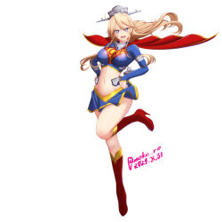  blonde_hair blue_eyes blue_shirt blue_skirt breasts cape collar commentary_request commission cosplay dated dc_comics female hands_on_own_hips headgear iowa_(kancolle) kantai_collection large_breasts long_hair metal_collar midriff moke_ro open_mouth red_cape red_footwear shirt simple_background skeb_commission skirt smile solo star-shaped_pupils star_(symbol) supergirl supergirl_(cosplay) symbol-shaped_pupils twitter_username white_background 