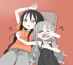  &gt;_&lt; 2girls agoshi_sakina arm_around_shoulder black_dress black_hair breasts dress drooling frown grey_hair grey_pants groping hair_down half-closed_eyes head_on_pillow in_the_face kokaki_mumose large_breasts long_hair looking_up lying mouth_drool multiple_girls null-meta on_back open_mouth orange_background orange_eyes orange_shirt outstretched_arm pants pillow shirt simple_background sleeveless sleeveless_dress smack souen_chiaki spaghetti_strap staring sweatpants t-shirt translation_request v-shaped_eyebrows wavy_hair 