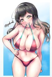  absurdres agodashi bikini black_hair blue_background blush breasts collarbone cowboy_shot female gradient_background highres kantai_collection large_breasts long_hair looking_at_viewer multicolored_hair naganami_(kancolle) navel pink_bikini pink_hair smile solo sweat swimsuit twitter_username two-tone_hair wavy_hair white_background yellow_eyes 