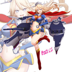  blonde_hair blue_eyes blue_shirt blue_skirt breasts cape collar commentary_request commission cosplay dated dc_comics female hands_on_own_hips headgear iowa_(kancolle) kantai_collection large_breasts long_hair metal_collar midriff moke_ro open_mouth red_cape red_footwear shirt simple_background skeb_commission skirt smile solo star-shaped_pupils star_(symbol) supergirl supergirl_(cosplay) symbol-shaped_pupils twitter_username white_background zoom_layer 