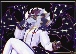  2_horns 815147h anthro bael_(tas) canid canine canis clothing crossed_legs demon eyewear fur glasses grin hi_res horn jackal lifewonders male mammal purple_body purple_fur red_horn short_whip sitting smile solo tokyo_afterschool_summoners white_body white_clothing white_fur wings yellow_body yellow_fur 