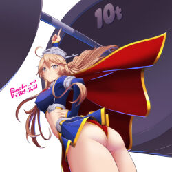  ass barbell blonde_hair blue_eyes blue_shirt blue_skirt breasts cape collar commentary_request commission cosplay cowboy_shot dated dc_comics female hands_on_own_hips headgear iowa_(kancolle) kantai_collection large_breasts long_hair looking_at_viewer looking_back metal_collar midriff moke_ro open_mouth panties red_cape red_panties shirt simple_background skeb_commission skirt smile solo star-shaped_pupils star_(symbol) supergirl supergirl_(cosplay) symbol-shaped_pupils twitter_username underwear white_background 