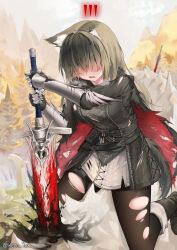  animal_ear_fluff animal_ear_piercing animal_ears arknights belt belt_pouch black_belt black_cape black_dress black_footwear black_hair black_pantyhose cape commentary_request dress ear_down female gauntlets highres holding holding_sword holding_weapon long_hair official_alternate_costume open_mouth pantyhose pouch red_cape solo sword texas_(arknights) texas_the_omertosa_(arknights) texas_the_omertosa_(wingbreaker)_(arknights) torn_cape torn_clothes torn_dress torn_pantyhose two-tone_cape weapon wolf_ears wolf_girl yeosi 