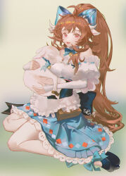  absurdres animal animal_ears arknights bare_shoulders blue_bow blue_bowtie blue_skirt bow bowtie brown_hair eyjafjalla_(arknights) eyjafjalla_the_hvit_aska_(a_picnic_before_a_long_trip)_(arknights) eyjafjalla_the_hvit_aska_(arknights) female full_body hairbow highres holding holding_animal horns long_hair long_sleeves looking_at_viewer official_alternate_costume open_mouth pink_eyes sheep sheep_ears sheep_girl shirt sitting skirt smile solo white_shirt ysrinmi 