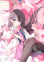  absurdres balloon black_hair black_pantyhose blue_eyes borrowed_character female hair_ornament hairclip highres holding holding_balloon iop5509 long_hair original pantyhose pink_ribbon pink_skirt pink_theme rabbit ribbon school_uniform skirt television 