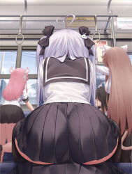  5girls absurdres ahoge animal_ears ass ass_focus black_hair black_pantyhose black_ribbon black_skirt black_thighhighs brown_hair cat_ears day from_behind hair_ornament hair_ribbon highres horns kurohanya_(niliu_chahui) long_hair long_sleeves multiple_girls niliu_chahui original pantyhose pink_hair pink_horns pleated_skirt ribbon school_uniform serafuku shirt sitting sitting_on_person skirt thighhighs tokisaki_mio_(niliu_chahui) train_interior white_hair white_serafuku white_shirt yuri 