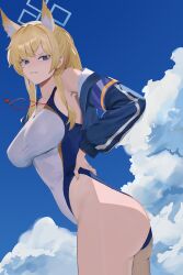  absurdres animal_ear_fluff animal_ears blonde_hair blue_archive blue_eyes blue_halo blue_jacket blue_sky breasts cloud competition_swimsuit covered_navel dog_ears dog_girl extra_ears female hair_over_one_eye halo hand_on_own_hip highleg highleg_one-piece_swimsuit highres jacket kanna_(blue_archive) kanna_(swimsuit)_(blue_archive) large_breasts long_hair looking_at_viewer notched_ear official_alternate_costume one-piece_swimsuit ponytail purple_armband sharp_teeth sky solo swimsuit teeth white_one-piece_swimsuit zombieleg 