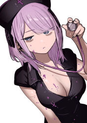  absurdres black_dress black_hat breasts cleavage closed_mouth commentary_request dress dutch_angle female hand_up hat highres holding holding_stethoscope inoue_koharu large_breasts looking_at_viewer medium_hair nurse nurse_cap original paint_on_body paint_on_clothes pink_hair purple_eyes short_sleeves simple_background solo stethoscope swept_bangs upper_body white_background 