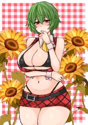  adapted_costume arm_under_breasts ascot bikini black_bikini breasts cleavage commentary female flower green_hair grid_background highres kazami_yuuka large_breasts looking_at_viewer miniskirt navel plaid_clothes plaid_skirt red_eyes red_skirt short_hair skirt solo sunflower swimsuit touhou washiwa wrist_cuffs yellow_ascot 