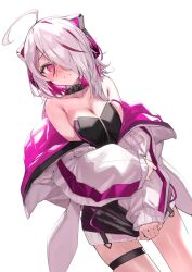  ahoge akieda bare_shoulders belt_collar black_collar blush closed_mouth collar collarbone female grey_hair hair_over_one_eye highres jacket looking_at_viewer multicolored_hair off_shoulder open_clothes open_jacket original purple_eyes purple_hair simple_background sleeves_past_wrists solo streaked_hair thigh_strap white_background white_jacket 