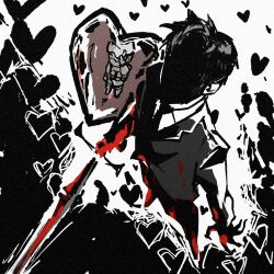  1boy army_in_black black_gloves black_hair black_necktie black_pants blood blood_on_clothes blood_on_weapon facing_up from_above gloves heart holding holding_weapon library_of_ruina lobotomy_corporation mask necktie obobkkp pants project_moon roland_(project_moon) spot_color sword weapon 