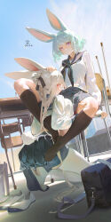  2girls absurdres animal_ears bag black_neckerchief blue_hair blue_nails blue_sailor_collar blue_skirt chair dated day desk full_body hand_on_another&#039;s_head highres kneehighs long_hair long_sleeves multiple_girls neckerchief no_shoes original purple_eyes rabbit_ears rabbit_tail red_eyes ribao rooftop sailor_collar school_bag school_chair school_desk school_uniform shirt shoes signature sitting skirt socks tail thighhighs unworn_shoes white_hair white_shirt white_thighhighs yuri 