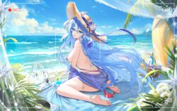  absurdres alternate_costume anklet aqua_eyes backless_swimsuit bag bare_shoulders barefoot beach beach_towel blue_hair blue_sky bottle breasts casual_one-piece_swimsuit commentary_request crab cup day drinking_glass earrings female flower from_behind hair_between_eyes hat head_wings highres honkai:_star_rail honkai_(series) jewelry large_breasts looking_at_viewer looking_back meisansan necklace ocean one-piece_swimsuit outdoors palm_tree parted_lips purple_one-piece_swimsuit recording robin_(honkai:_star_rail) sitting sky smile solo straw_hat surfboard swimsuit toes towel tree viewfinder wariza water wicker_basket wind wings 