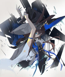  absurdres ambience_synesthesia amiya_(ambience_synesthesia_2024)_(arknights) amiya_(arknights) animal_ears arknights arms_up bare_shoulders black_dress black_hat blue_eyes brown_hair closed_mouth dress ears_through_headwear female hair_between_eyes hat highres jewelry long_hair looking_at_viewer naovo official_alternate_costume rabbit_ears rabbit_girl ring solo upper_body witch_hat 