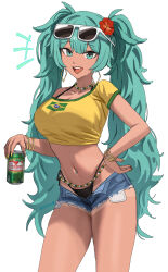  absurdres alternate_breast_size aqua_eyes aqua_hair bikini_under_shorts black_bikini_bottom blue_shorts bracelet brazilian_flag_print brazilian_miku breasts can commentary cowboy_shot crop_top cropped_shirt drink_can earrings eyewear_on_head female flower gold_bracelet guarana_antarctica hair_between_eyes hair_flower hair_ornament hatsune_miku highleg highres holding holding_can hoop_earrings jewelry large_breasts long_hair looking_at_viewer midriff multiple_bracelets navel navel_piercing open_fly open_mouth piercing purple_z red_flower shirt short_shorts short_sleeves shorts simple_background smile soda solo stomach tachi-e tan tanlines thighs twintails vocaloid white-framed_eyewear white_background yellow_shirt 