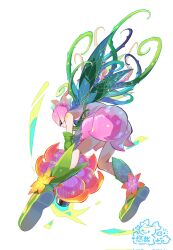  boots digimon dress fairy_wings female from_behind green_footwear green_hair green_wings highres holding_cannon lilimon multiple_wings pink_dress plant_hair powering_up simple_background sleeveless sleeveless_dress solo white_background wings youzaiyouzai112 