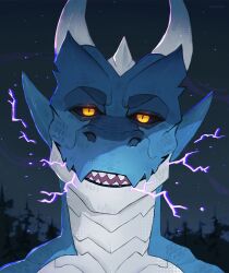  absurd_res anthro dragon electricity glowing glowing_eyes gradient_background hi_res horn lips looking_at_viewer male muscular mythological_creature mythological_scalie mythology plant portrait scalie simple_background sky solo teeth tree ven_(kodiak3d) yessys 