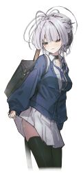  absurdres bag bags_under_eyes black_choker black_thighhighs blazer blue_jacket blue_necktie choker clothes_lift collared_shirt female grey_eyes grey_hair grey_skirt halo highres itokonoue_kaoru jacket looking_at_viewer loose_necktie necktie pleated_skirt project_kv school_bag school_uniform shirt skirt skirt_lift smile solo thighhighs toripisu white_shirt 