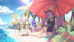  3girls absurdres ahoge arknights beach bikini black_bikini black_hairband black_horns black_one-piece_swimsuit black_tail blonde_hair blue_bow blue_sky bow breasts cosplay crop_top dragon_girl dragon_horns dragon_tail eblana_(arknights) fire flame-tipped_tail frilled_hairband frilled_one-piece_swimsuit frills green_eyes hairband highres holding holding_wand horns large_breasts lens_flare long_hair long_sleeves long_tail looking_at_viewer multiple_boys multiple_girls multiple_horns official_alternate_costume one-piece_swimsuit outdoors palm_tree purple_bow purple_eyes purple_fire purple_hair reed_(arknights) reed_the_flame_shadow_(arknights) reed_the_flame_shadow_(summer_flowers)_(arknights) reed_the_flame_shadow_(summer_flowers)_(arknights)_(cosplay) ribbon sky smile swimsuit tail thigh_strap tree typhon_(arknights) typhon_(temperature_difference)_(arknights) wand water wide_shot ysrinmi 