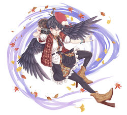  adapted_costume alternate_headwear autumn_leaves black_hair black_pantyhose black_wings boots bracelet camera commentary_request female geta ginkgo_tree hat jewelry licking_lips looking_at_viewer mumulatte nail_polish necktie one_eye_closed open_clothes open_vest pantyhose pointy_ears puffy_sleeves red_nails shameimaru_aya shirt short_sleeves skirt smile solo tongue tongue_out touhou vest wings 