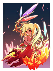  bad_id bad_pixiv_id blonde_hair closed_mouth female flandre_scarlet full_body gradient_background hakoniwa_tsuka holding long_hair no_headwear photoshop_(medium) red_eyes smile solo touhou 