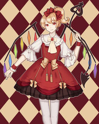  absurdres alternate_costume alternate_hairstyle argyle_background bad_id bad_pixiv_id blonde_hair bow dress female flandre_scarlet frilled_shirt_collar frills hairbow highres holding laevatein_(touhou) lolita_fashion looking_at_viewer nanairo outline pantyhose red_bow red_eyes short_hair side_ponytail solo standing touhou white_pantyhose wings wrist_cuffs 