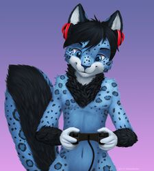  2016 anthro biped black_body black_fur black_hair blue_body blue_eyes blue_fur chest_tuft controller digital_media_(artwork) electronics felid fur game_controller gradient_background hair headphones hi_res jamesfoxbr kimura looking_down male mammal neck_tuft nude pantherine shaded simple_background smile snow_leopard solo standing tuft 