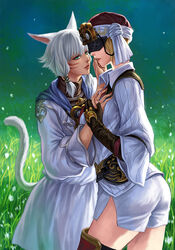  blonde_hair cat_ears cat_tail eyemask facial_mark final_fantasy final_fantasy_xiv finger_on_lips finger_to_mouth gradient gradient_background green_eyes mask miqo&#039;te multiple_girls short_shorts shorts sorin tail thighhighs turban y&#039;shtola yda_(ff14) yuri 