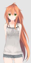  +_+ ahoge arms_behind_back bare_arms bare_shoulders blush buttons casual closed_mouth collarbone commentary_request contemporary cowboy_shot cutoffs female green_eyes grey_background grey_shorts highres hmcs_athabaskan_(g07) long_hair looking_at_viewer myuto_(advent_retribution) orange_hair original personification ponytail royal_canadian_navy short_shorts shorts sidelocks simple_background sleeveless smile solo spaghetti_strap sparkle standing tsurime 