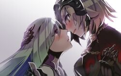  2girls armor bad_id bad_pixiv_id blonde_hair blush brynhildr_(fate) capelet chains commentary_request face-to-face fate/grand_order fate/prototype fate/prototype:_fragments_of_blue_and_silver fate_(series) grey_hair hair_ornament headpiece jeanne_d&#039;arc_alter_(avenger)_(fate) jeanne_d&#039;arc_alter_(fate) long_hair multiple_girls open_mouth purple_eyes sentaku_nori short_hair simple_background sweat very_long_hair yellow_eyes yuri 