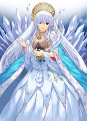  anastasia_(fate) blue_cape blue_eyes bracelet cape commentary_request crown dress earrings fate/grand_order fate_(series) female fur_trim highres holding ice jewelry long_dress long_hair npcpepper parted_lips pearl_bracelet solo standing viy_(fate) white_dress white_hair 