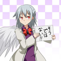  cato_(monocatienus) checkered_background commentary_request female frown gradient_background grey_hair holding holding_sign kishin_sagume long_sleeves looking_at_viewer medium_hair red_eyes sign simple_background single_wing solo thats_not_it touhou translated upper_body white_background wings 