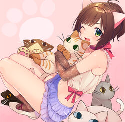  animal_ears bare_shoulders bbbannooo blue_skirt blush bow brown_hair cat_ears commentary_request fake_animal_ears female green_eyes holding holding_stuffed_toy idolmaster idolmaster_cinderella_girls looking_at_viewer maekawa_miku navel oerba_yun_fang one_eye_closed open_mouth photoshop_(medium) red_bow red_ribbon ribbon skirt smile solo stuffed_animal stuffed_cat stuffed_toy 