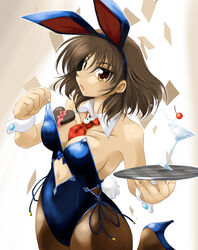  animal_ears blue_leotard bow bowtie breasts brown_eyes brown_hair cherry chocolate cleavage commentary_request cuff_links detached_collar fake_animal_ears female fishnet_pantyhose fishnets food fruit glass heart high_heels large_breasts leotard looking_at_viewer open_mouth original pantyhose playboy_bunny rabbit_ears rabbit_tail ranbu_hararin solo tail tray 