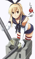  bad_id bad_pixiv_id bare_shoulders blonde_hair brown_eyes elbow_gloves female gloves highres kantai_collection long_hair looking_at_viewer microskirt pleated_skirt rensouhou-chan school_uniform serafuku shimakaze_(kancolle) simple_background skirt solo striped_clothes striped_thighhighs thighhighs torii_yoshitsuna 