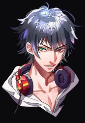  1boy black_background black_hair commentary_request green_eyes hair_between_eyes headphones headphones_around_neck heterochromia highres hypnosis_mic looking_at_viewer male_focus mole mole_under_eye parted_lips portrait red_eyes simple_background smile solo tenobe yamada_ichiro 